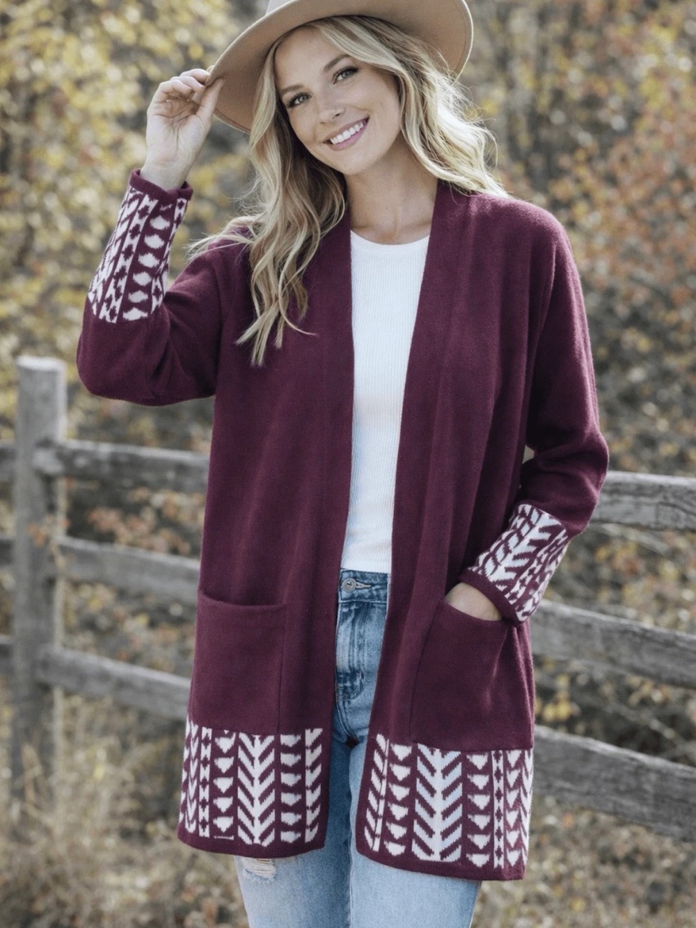 Frye Burgundy Open-Front southwestern longline Cardigan Cream Patterned Trim XL